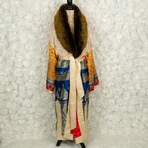 Free People Bohemian Patchwork Coat Fur Collar M/L